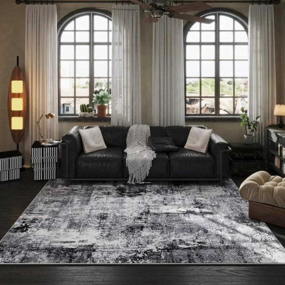 New 5x7 Washable Area Rug, Soft Faux Wool Non-Slip Carpet in Grey and Black